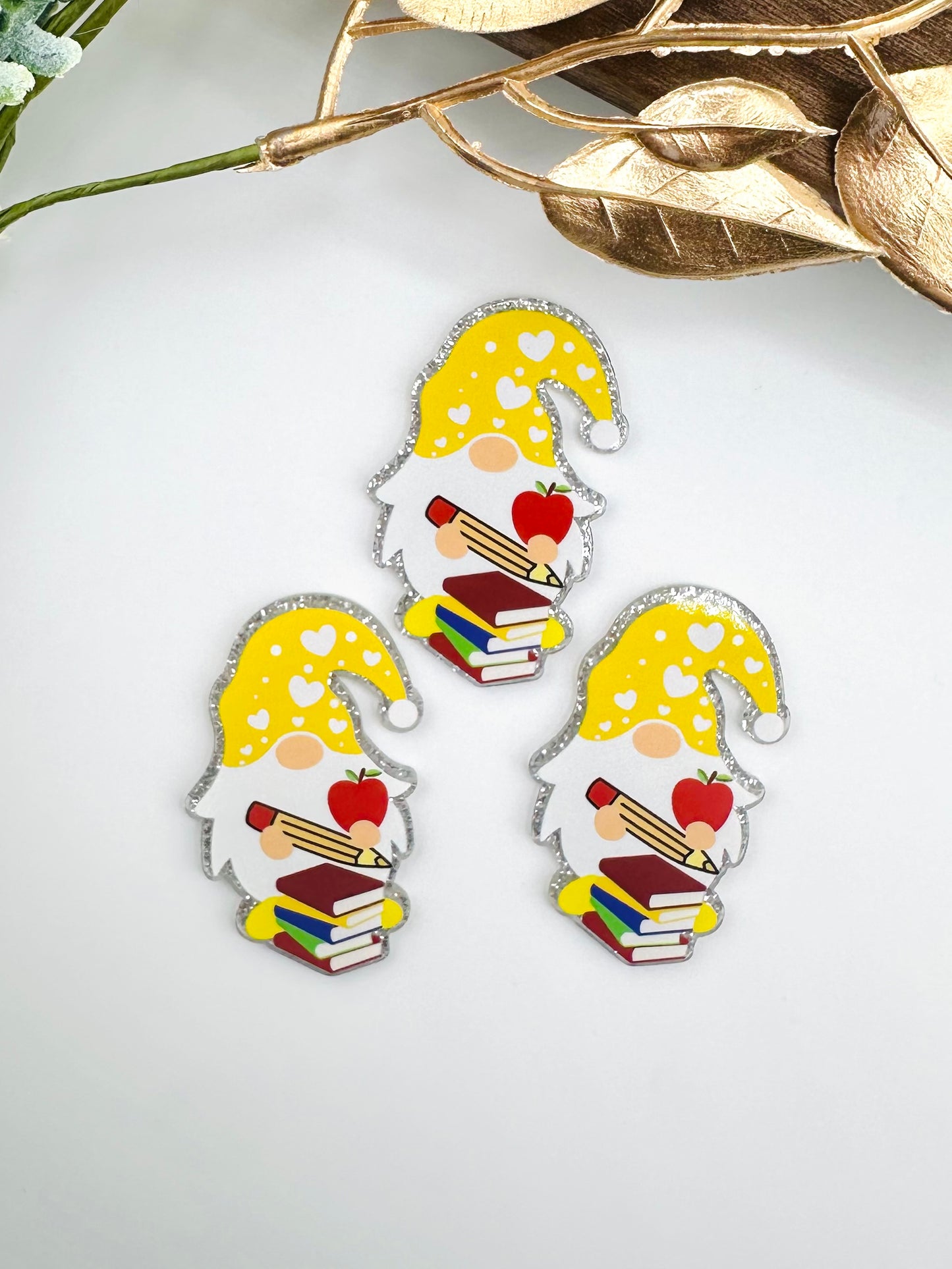 Glitter Acrylic Flatback ~ 1045T ~ Yellow Heart Teacher Gnome