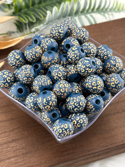 Biscay Bay Blue Leopard Etched 16mm Wood Bead