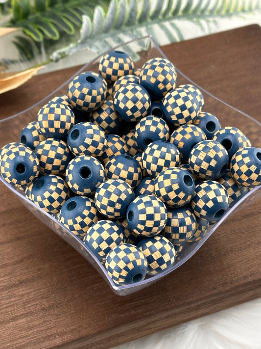 Biscay Bay Blue Checkered Etched 16mm Wood Bead