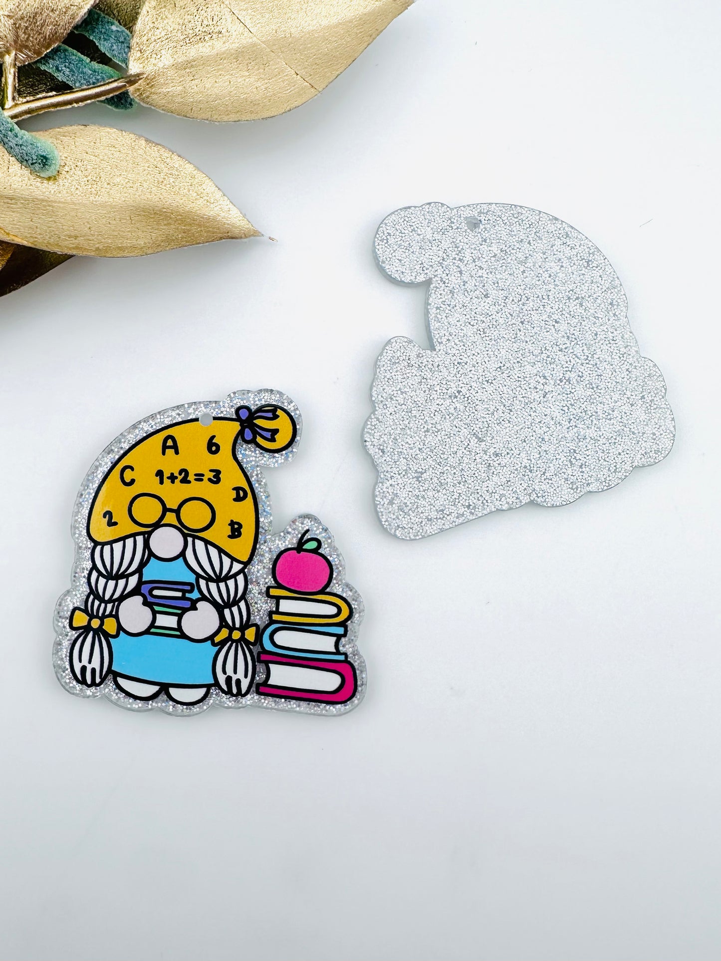 Glitter Acrylic Keychain Charm ~ 123 Teacher Gnome