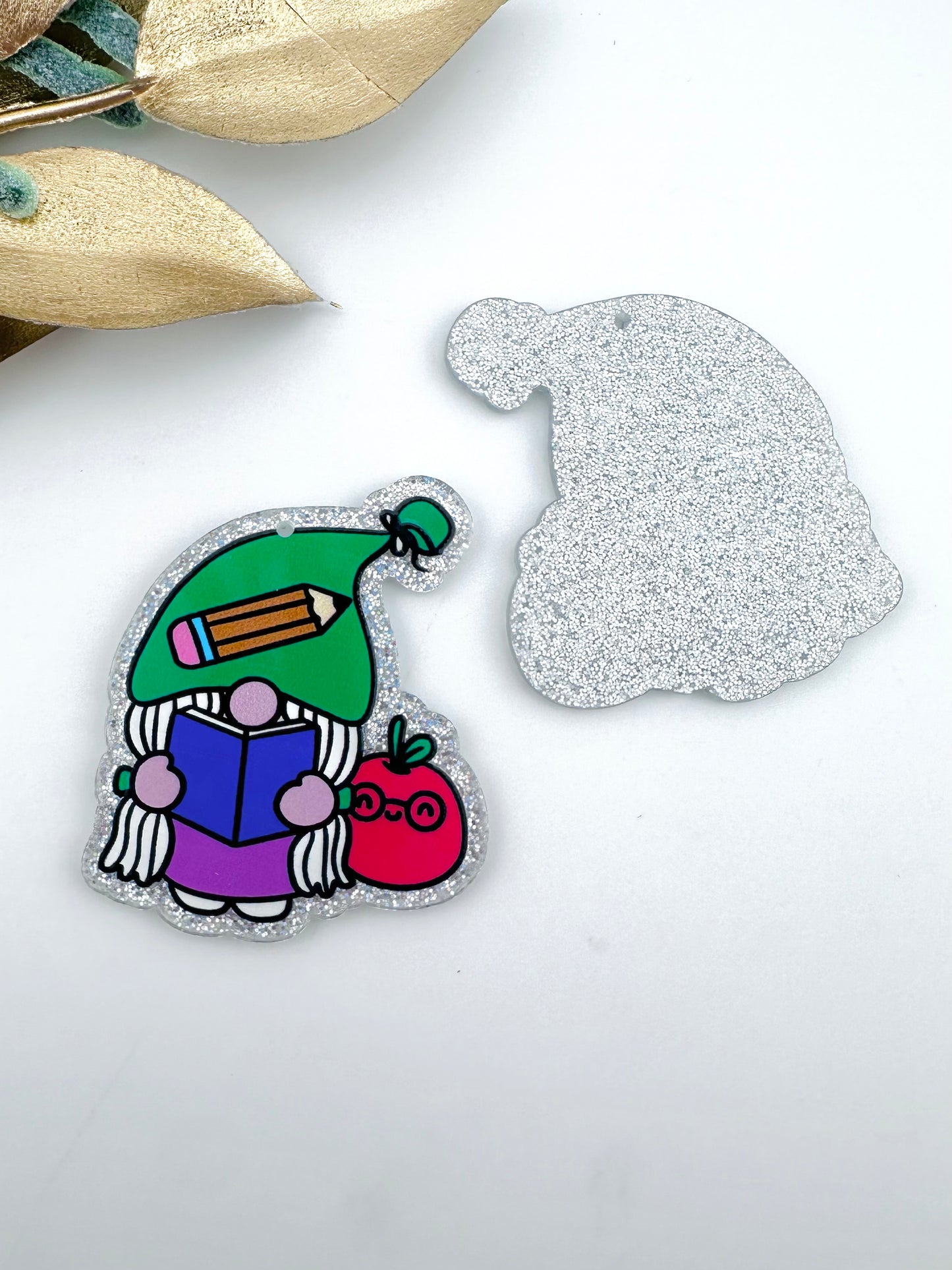Glitter Acrylic Keychain Charm ~ Teacher Apple Gnome