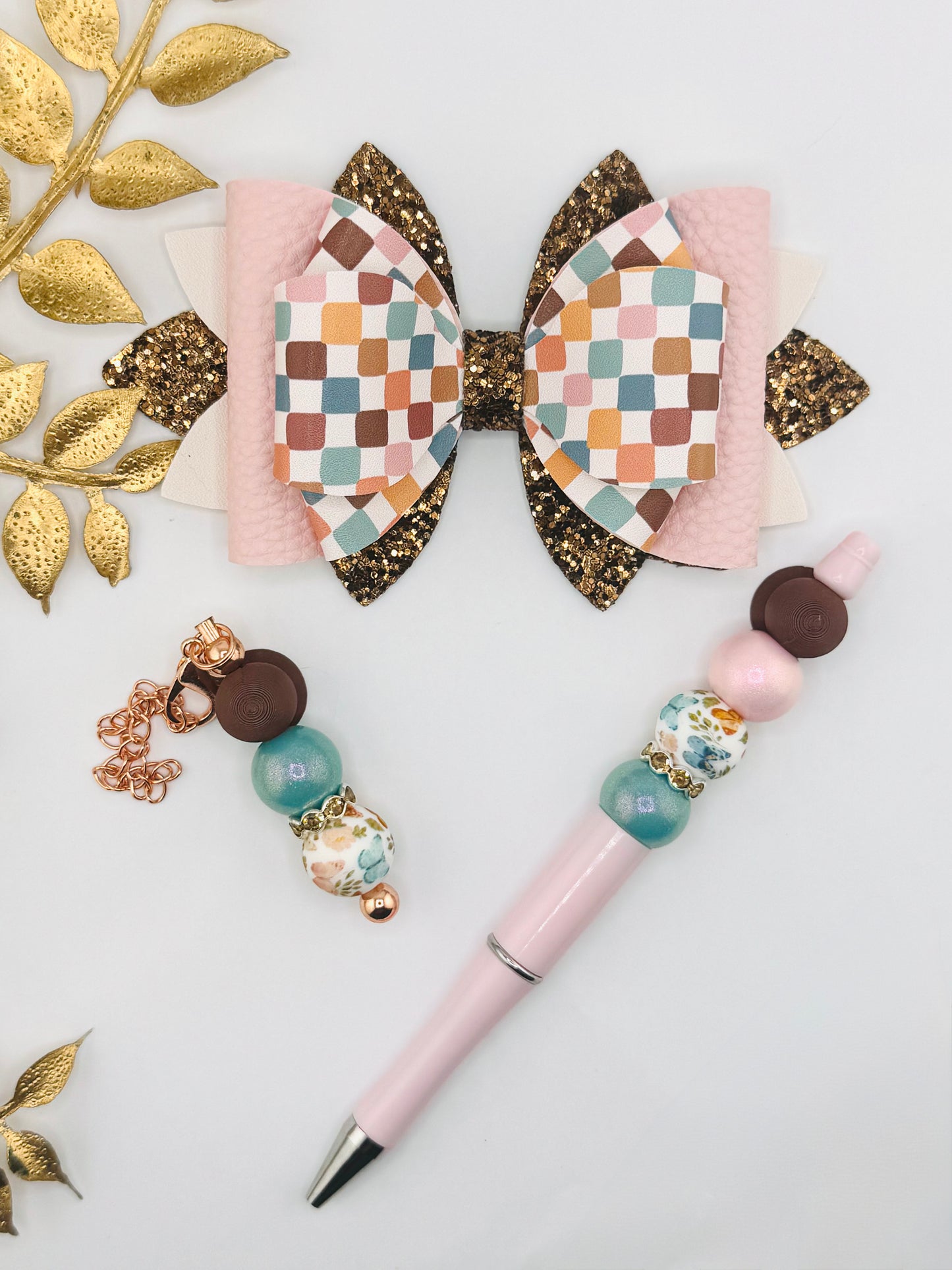 Faux Leather Bow ~ Boho Checker