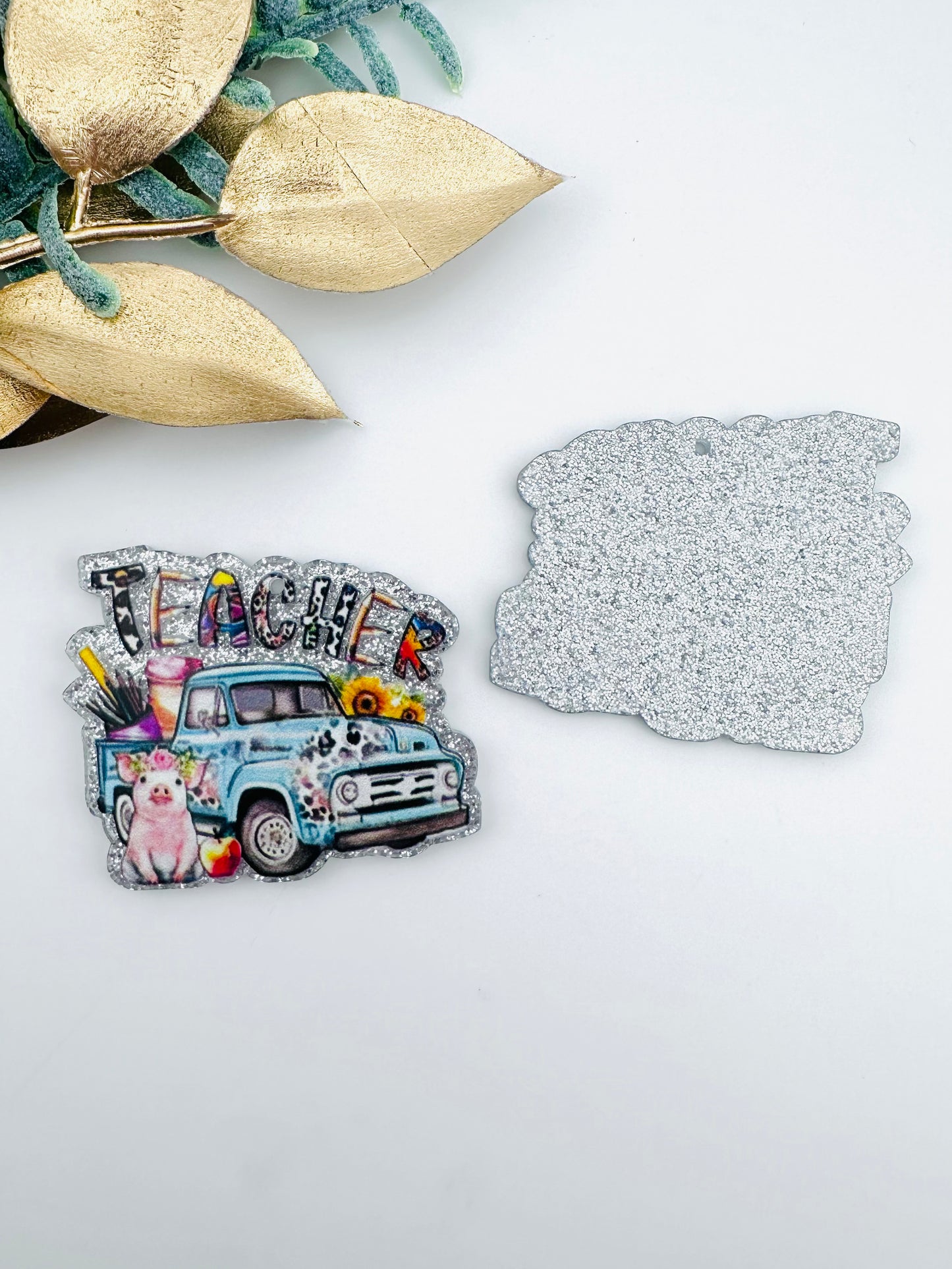 Glitter Acrylic Keychain Charm ~ Country Teacher Truck