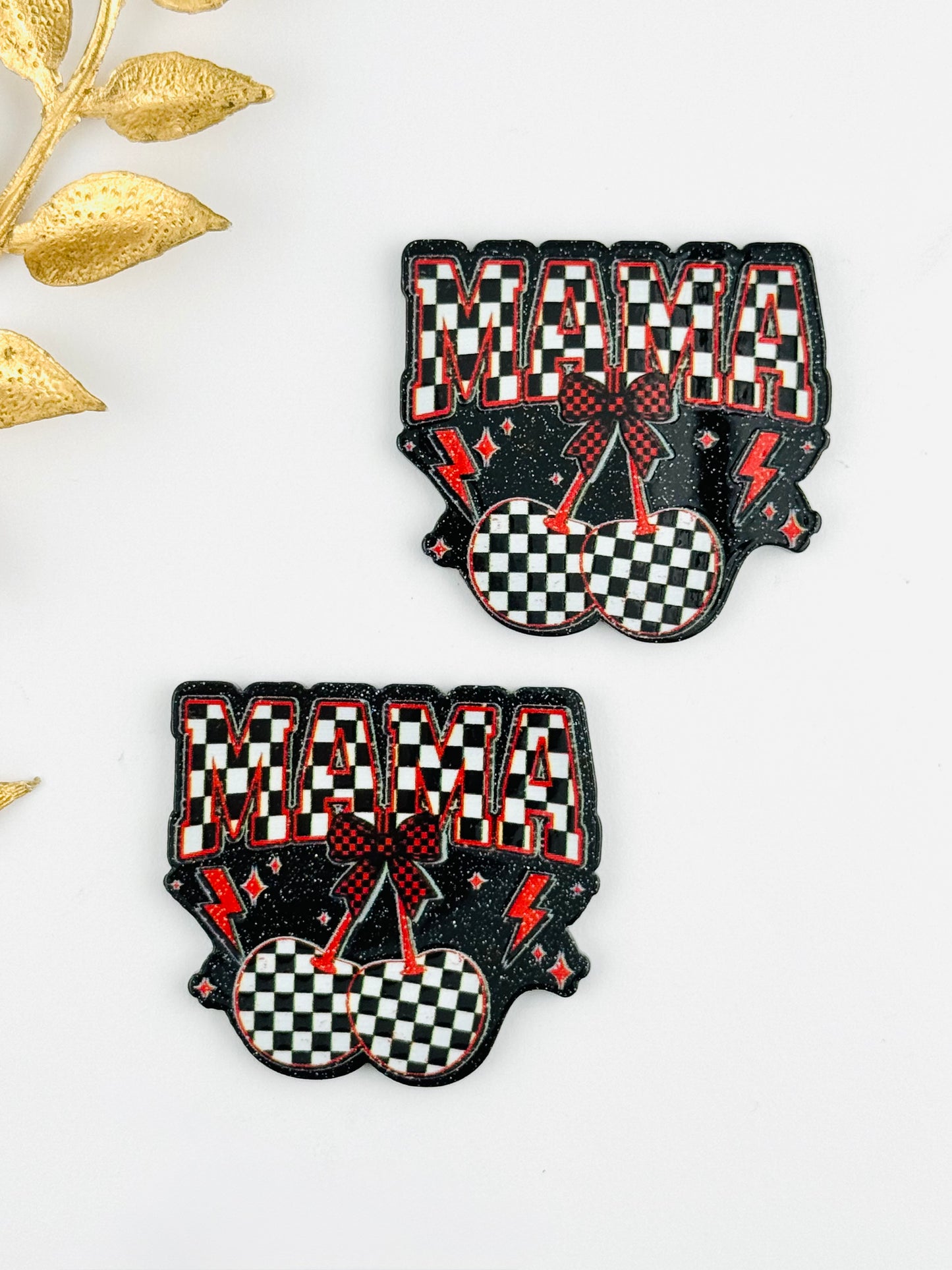 Glitter Acrylic Flatback ~ 209 ~ Checker Mama Cherries (Black Custom)