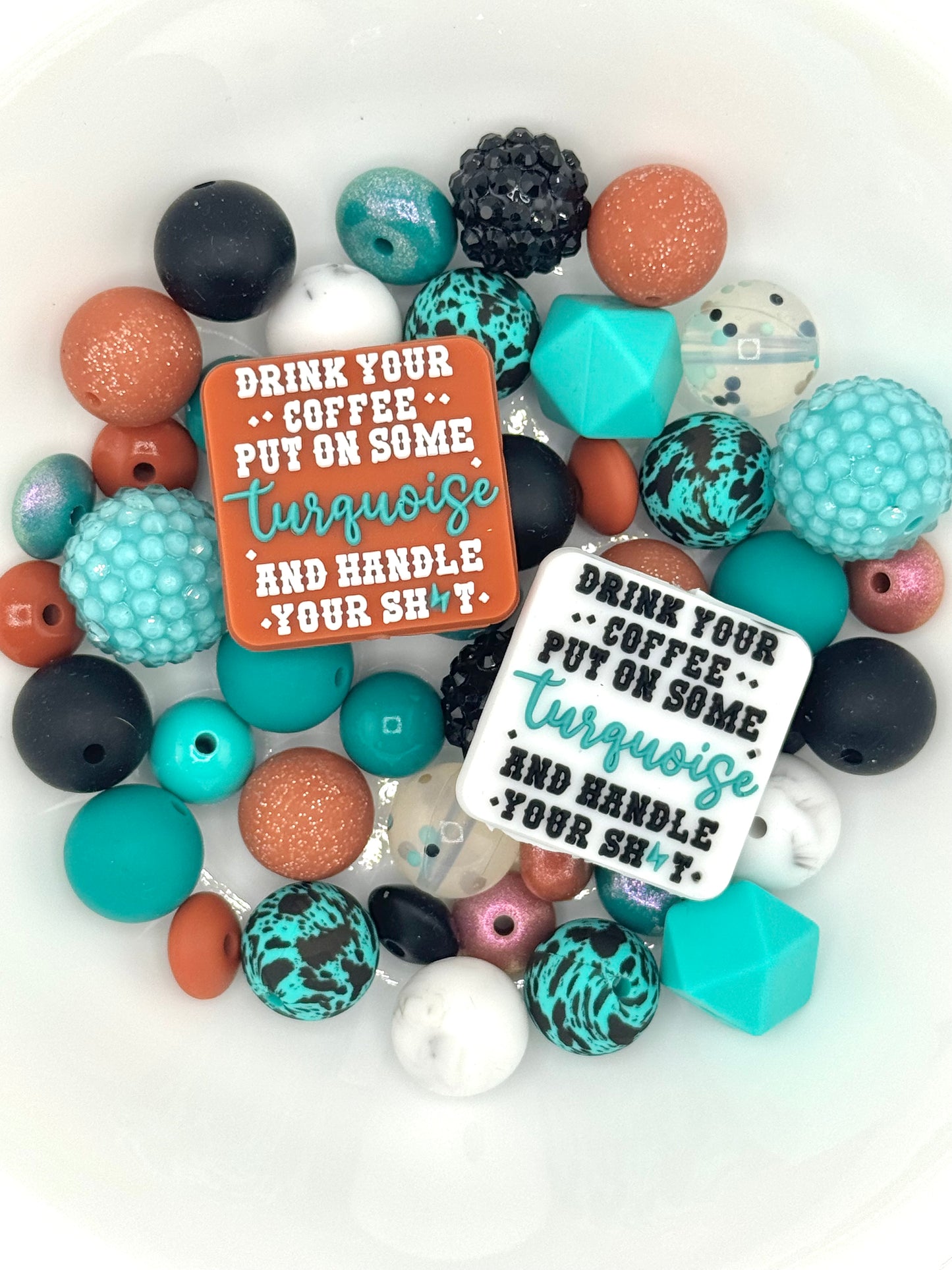 Turquoise and brown silicone bead mix with coffee quote focal beads, perfect for western style keychains and wristlets