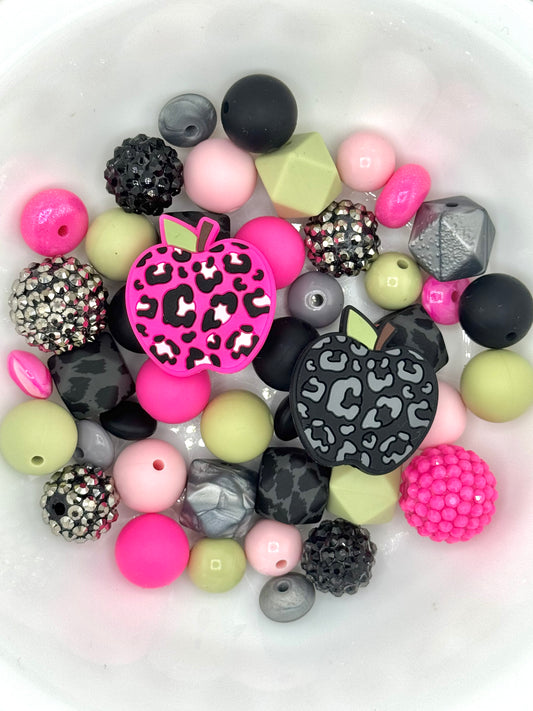 Silicone & Acrylic Bead Mix (48pc) ~ Leopard Apples