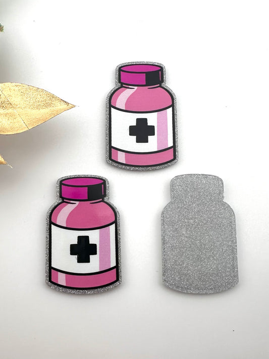 Glitter Acrylic Flatback ~ Pink Medicine Bottle