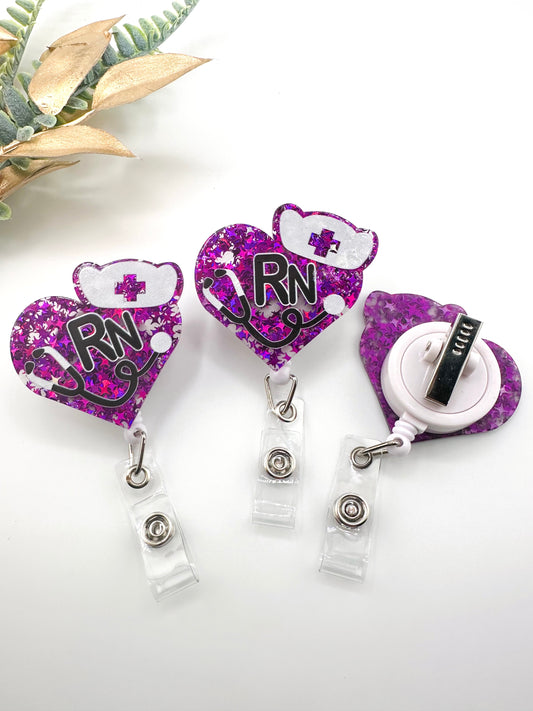 Badge Reel ~ Purple RN Heart