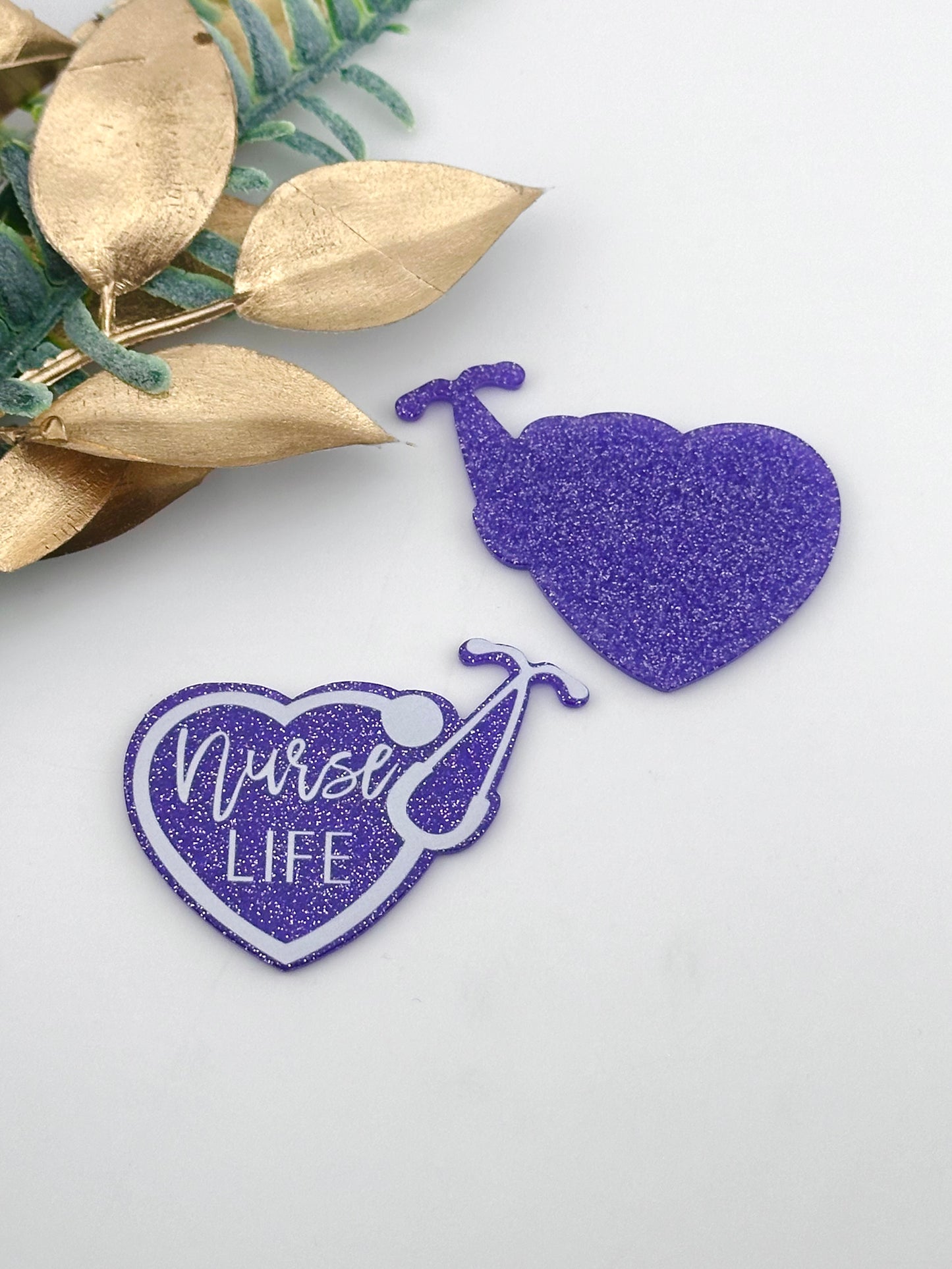 Glitter Acrylic Flatback ~ Purple Nurse Life Heart