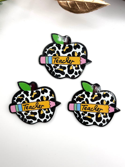 Glitter Acrylic Keychain Charm ~ Leopard Teacher Apple