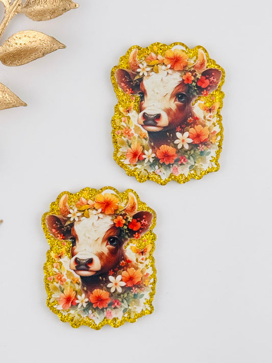 Glitter Acrylic Flatback ~ 163 ~ Floral Cow