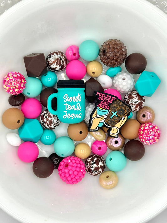 Silicone & Acrylic Bead Mix (48pc) ~ Coffee/Tea and Jesus