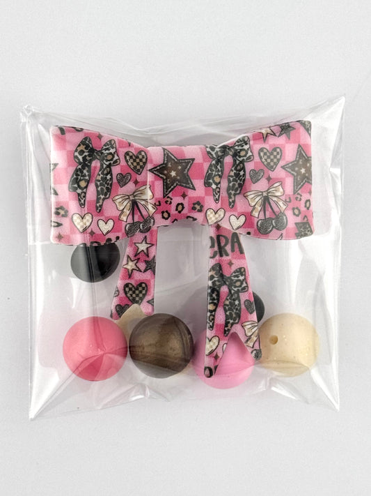 Bead Bag - Leopard Pink Checker Bow