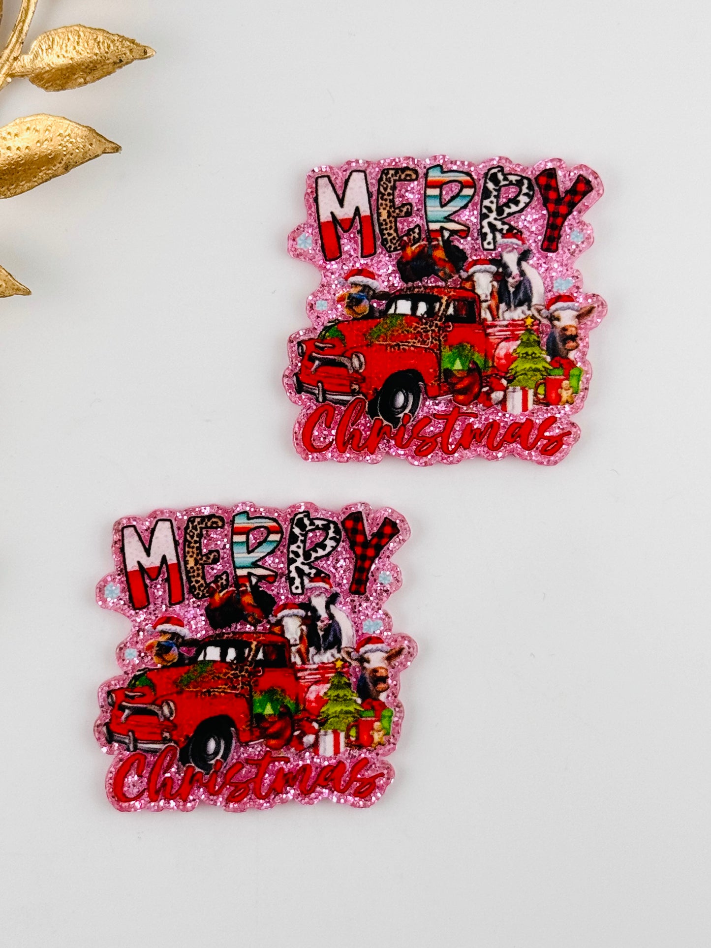 Glitter Acrylic Flatback ~ 282 ~ Merry Christmas Farm Truck