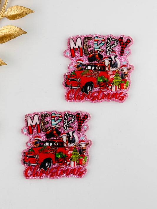 Glitter Acrylic Flatback ~ 282 ~ Merry Christmas Farm Truck