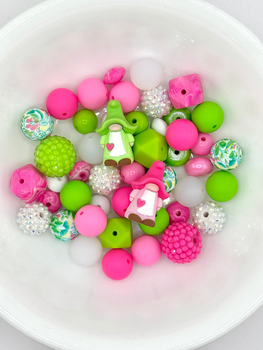 Silicone & Acrylic Bead Mix (48pc) ~ Pink/Green Gnome