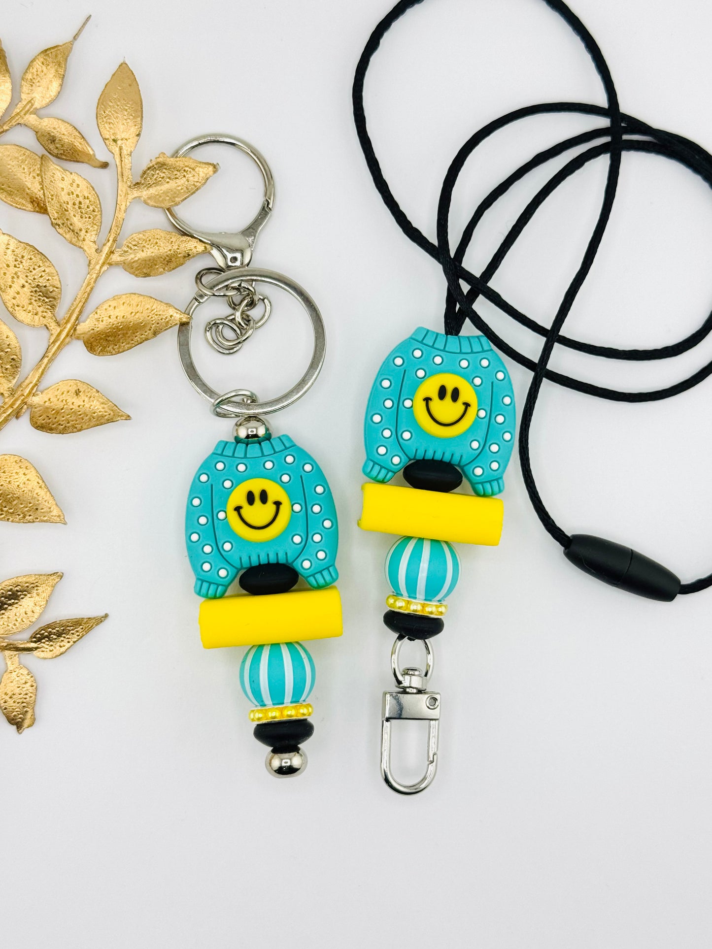 (Wholesale) Keychain/Lanyard Set ~ Turquoise Happy Face
