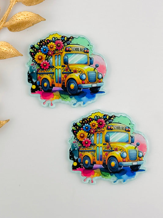 Glitter Acrylic Flatback ~ 1031T ~ Retro Floral School Bus