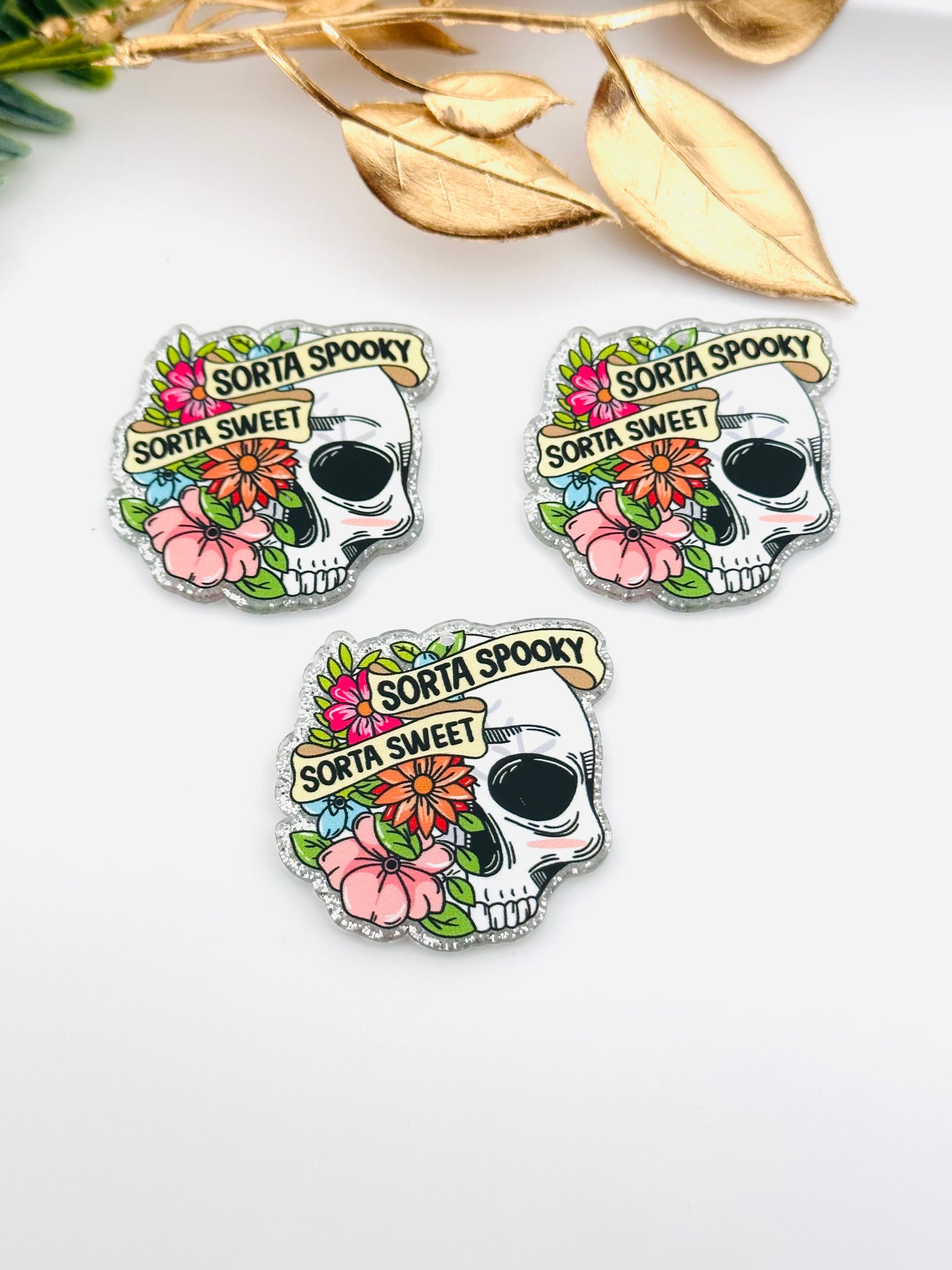 Glitter Acrylic Keychain Charm ~ Sorta Spooky Sorta Sweet Skull