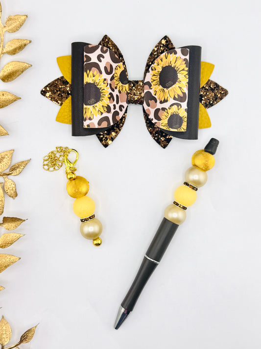 Faux Leather Bow ~ Leopard Sunflower