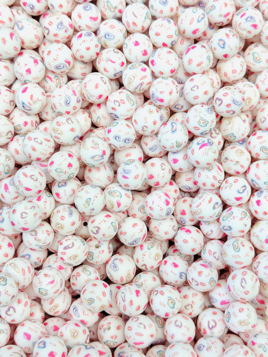 Swirling Hearts Of Love Print 15mm Silicone Beads