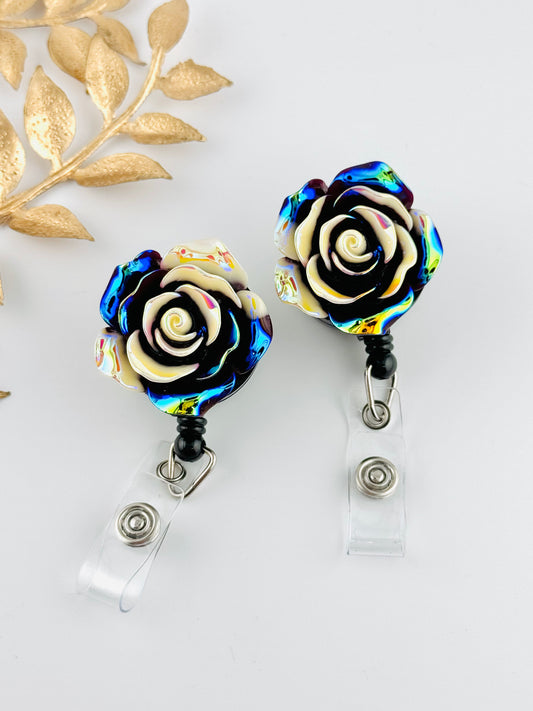 Badge Reel ~ Black Opalescent Daisy