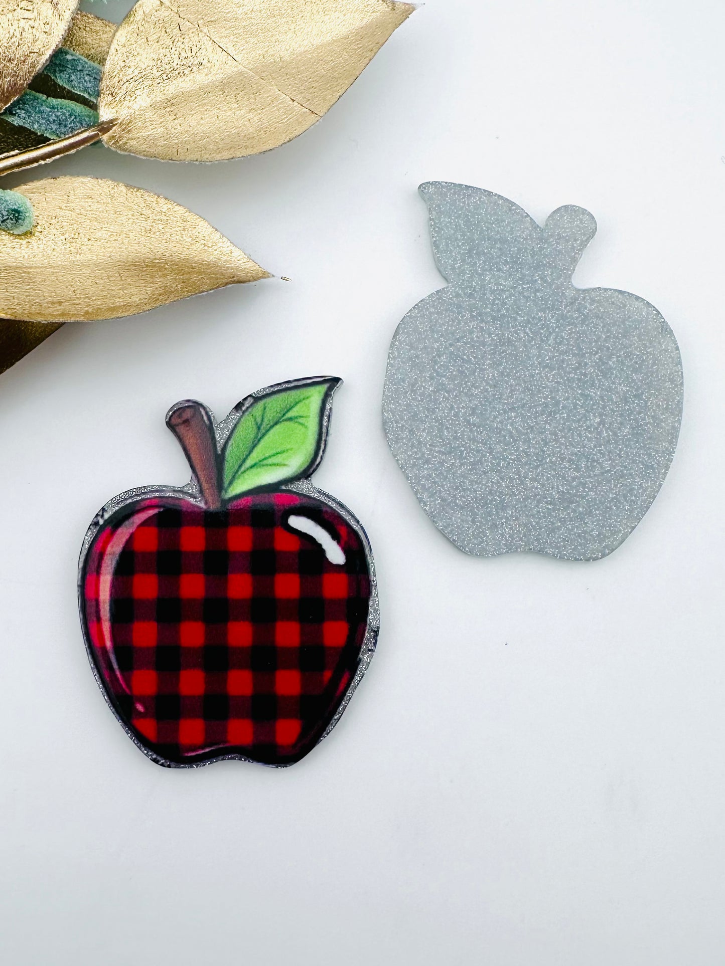 Glitter Acrylic Flatback ~ Plaid Apple