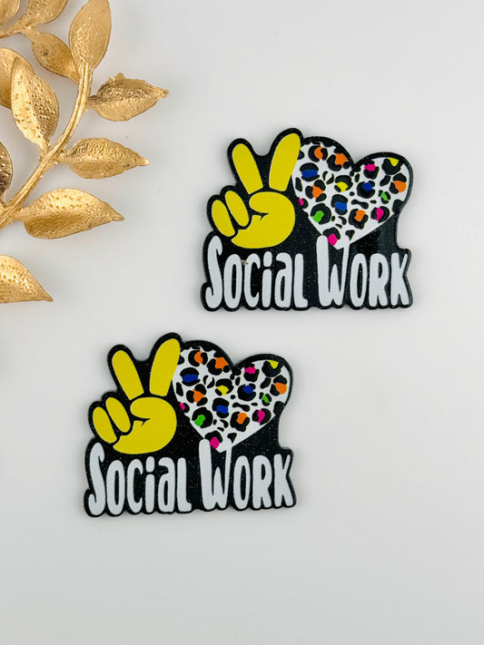 Glitter Acrylic Flatback ~ 1101N ~ Peace Love Social Worker Leopard