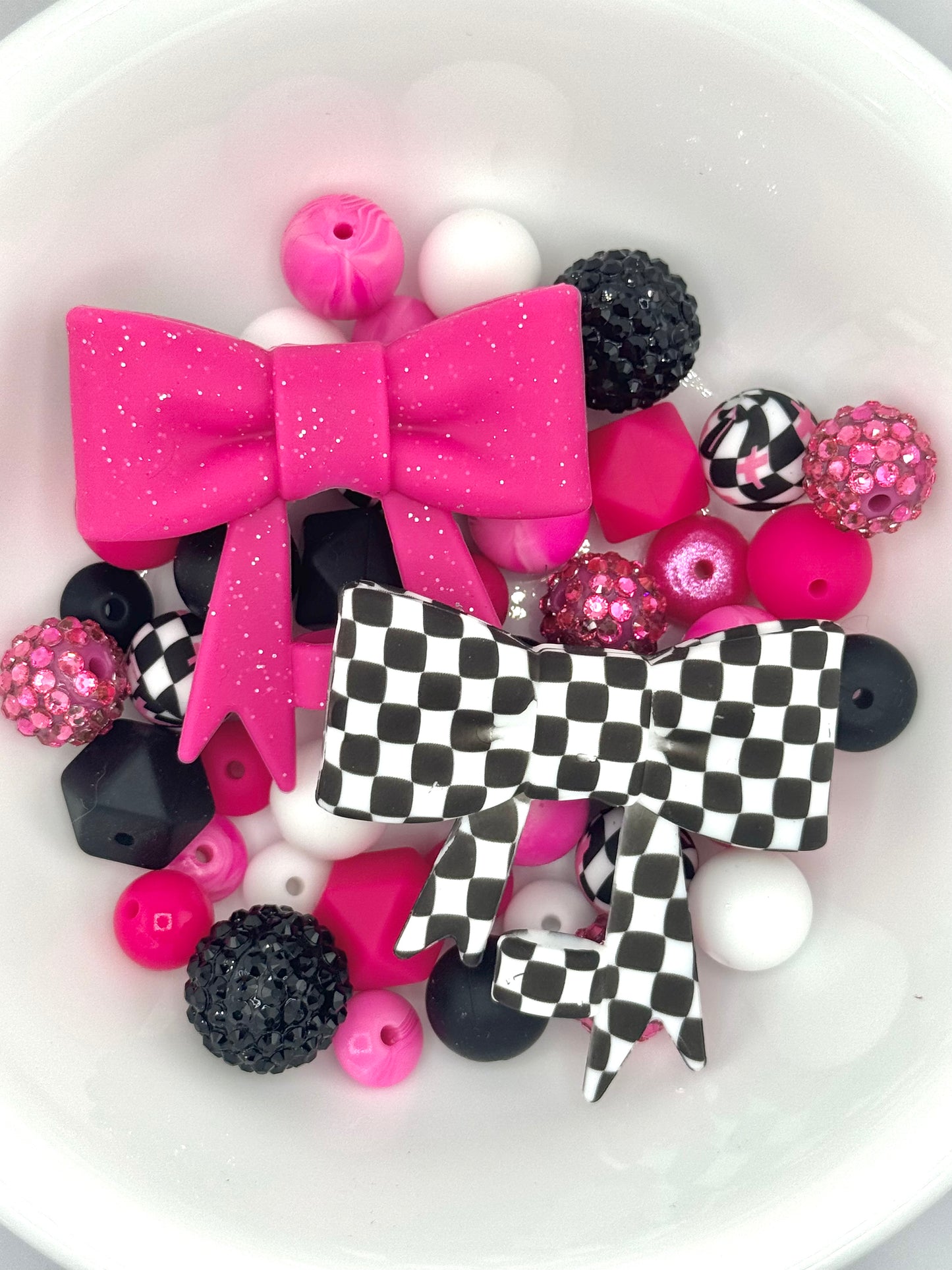 Silicone & Acrylic Bead Mix ~ Checker Pink Bows