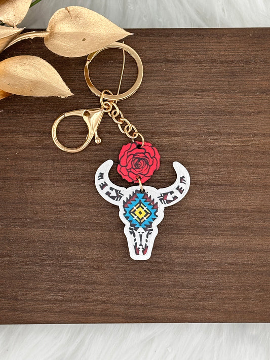 Floral Bull Skull Wooden Keychain