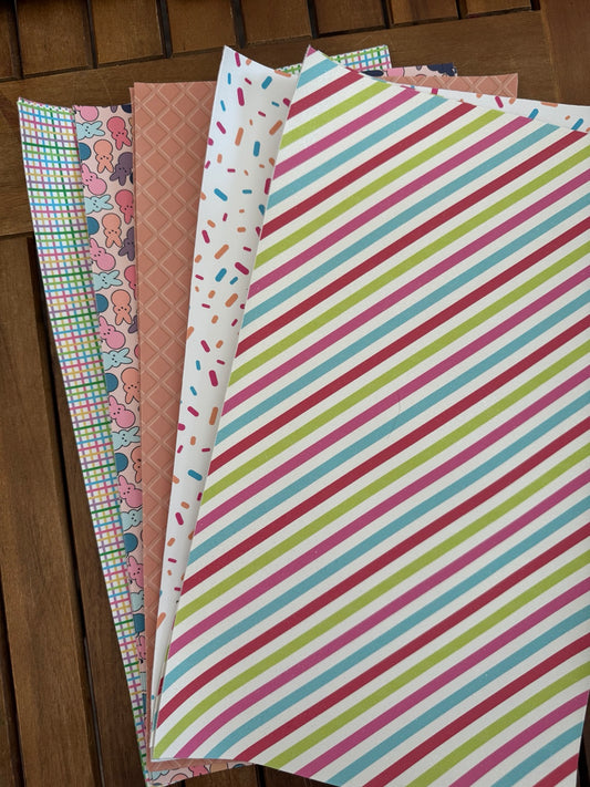 Bunny Confetti faux leather bundle with pastel bunnies, sprinkles, stripes and coordinating patterns