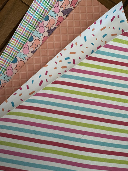Bunny Confetti faux leather bundle with pastel bunnies, sprinkles, stripes and coordinating patterns