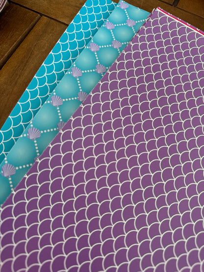 Mermaid faux leather sheets with turquoise and purple scales and seashell patterns