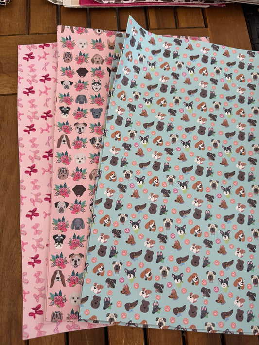 Dog-themed faux leather bundle with dog faces, paw prints, florals and pink balloon dogs