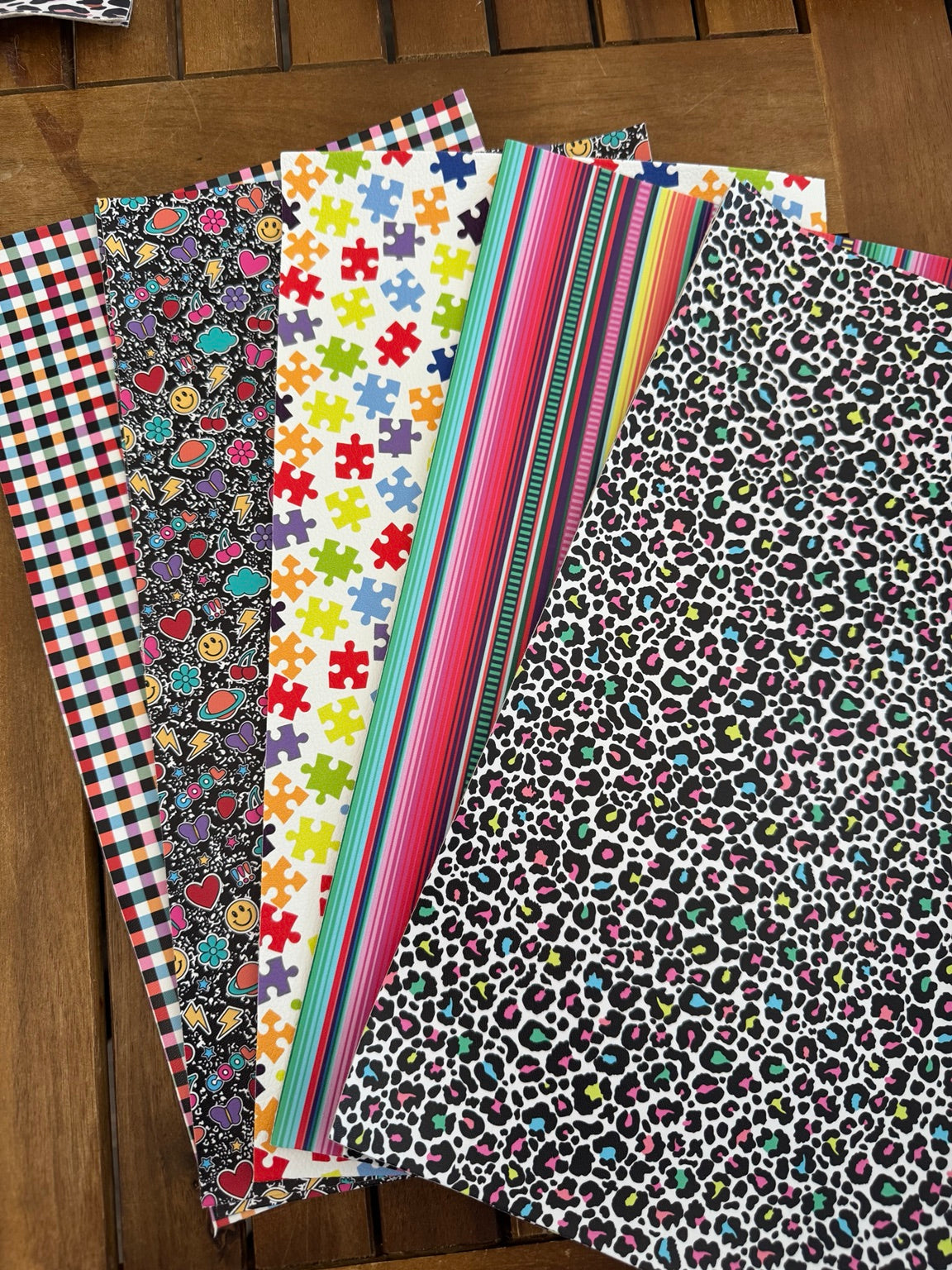 Color Pop faux leather bundle with colorful leopard, stripes, puzzle pieces, doodles and checks