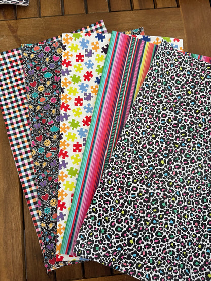 Color Pop faux leather bundle with colorful leopard, stripes, puzzle pieces, doodles and checks