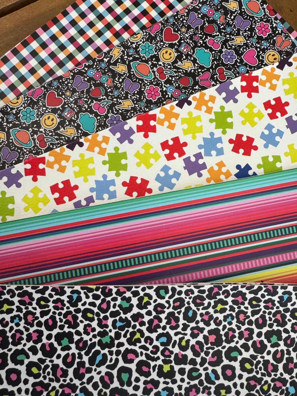 Color Pop faux leather bundle with colorful leopard, stripes, puzzle pieces, doodles and checks