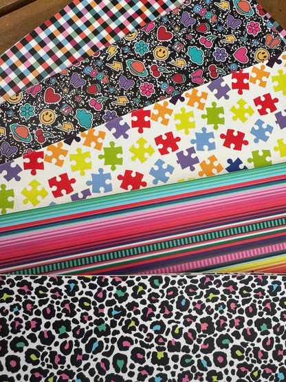 Color Pop faux leather bundle with colorful leopard, stripes, puzzle pieces, doodles and checks