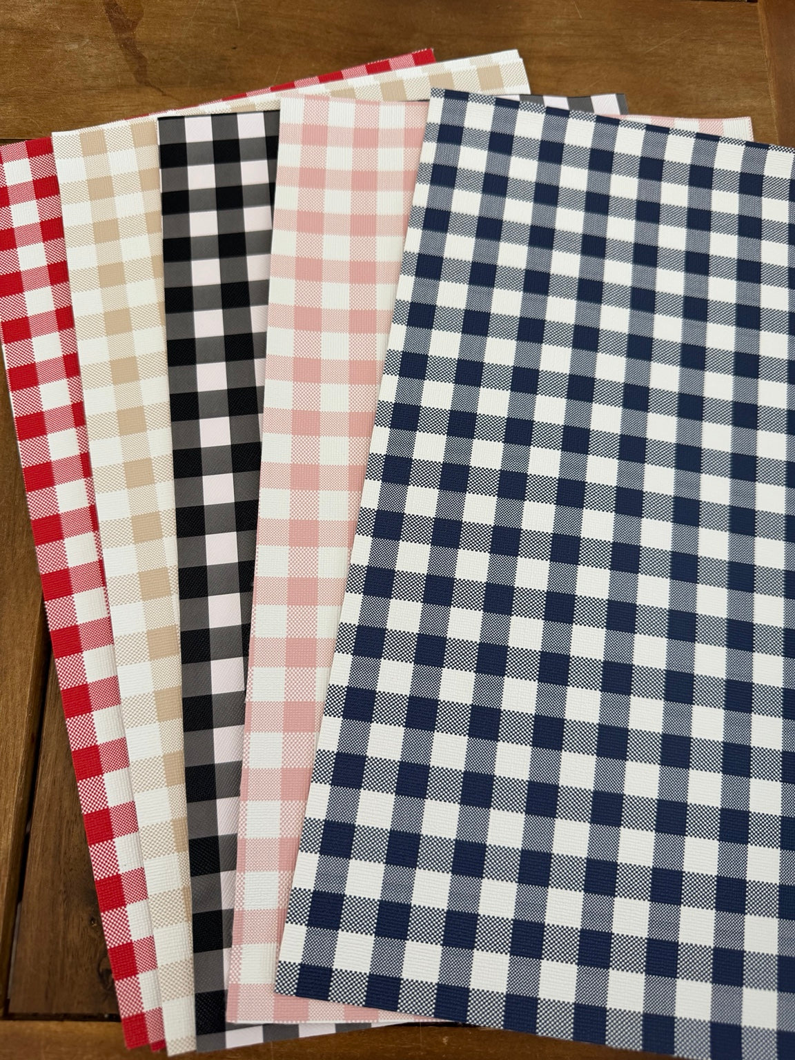 Plaid Picnic faux leather bundle with red, beige, black, pink and navy gingham checks