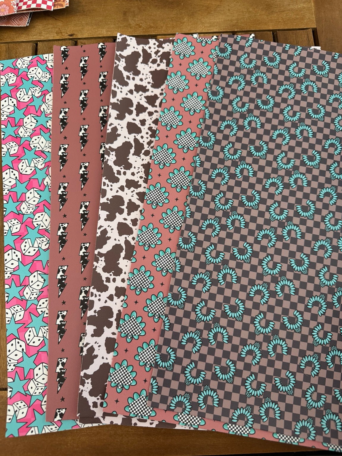 Turquoise Rodeo faux leather bundle with cow print, lightning bolts, turquoise accents, checks, dice and stars