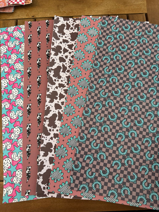 Turquoise Rodeo faux leather bundle with cow print, lightning bolts, turquoise accents, checks, dice and stars