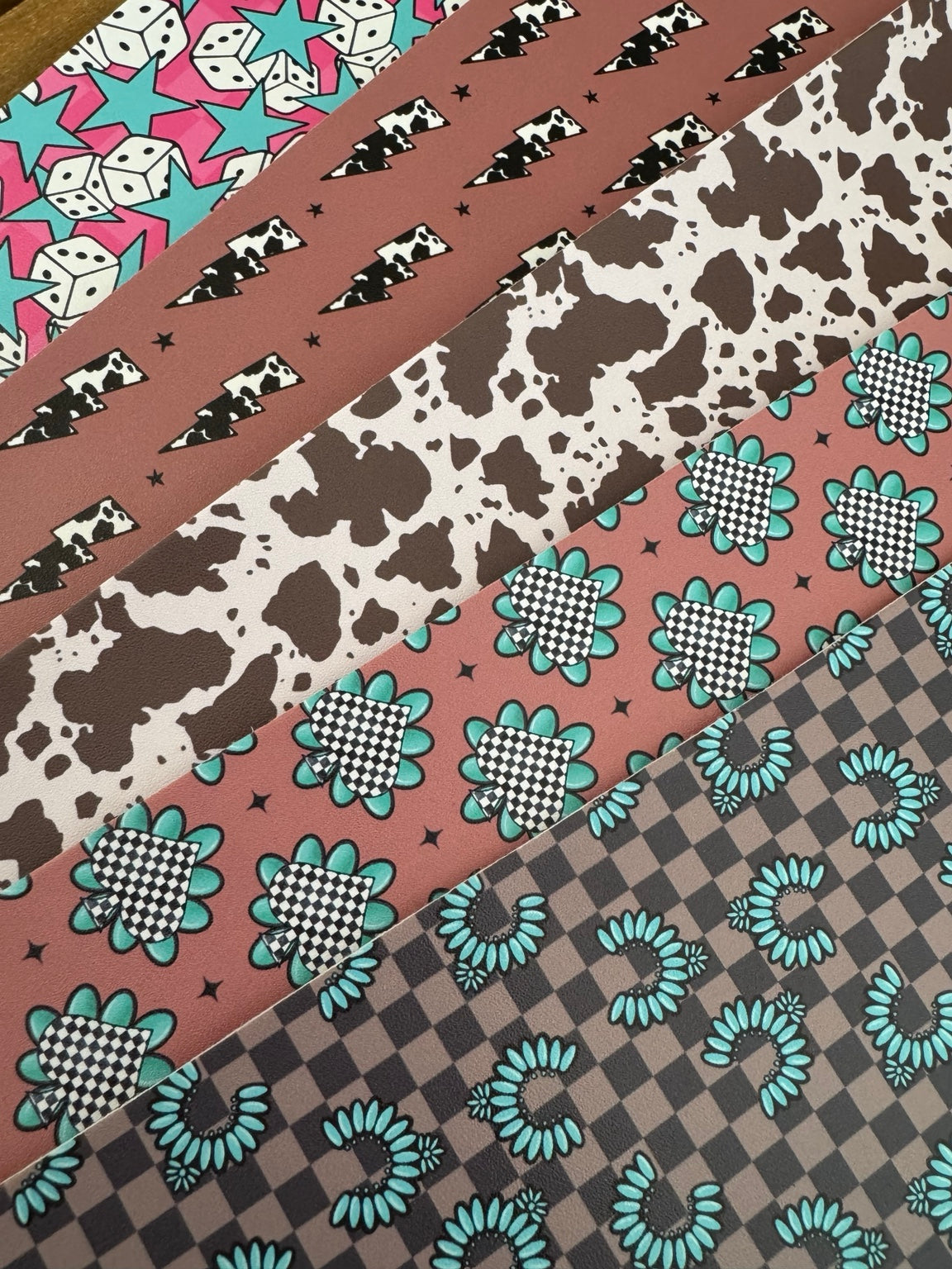 Turquoise Rodeo faux leather bundle with cow print, lightning bolts, turquoise accents, checks, dice and stars