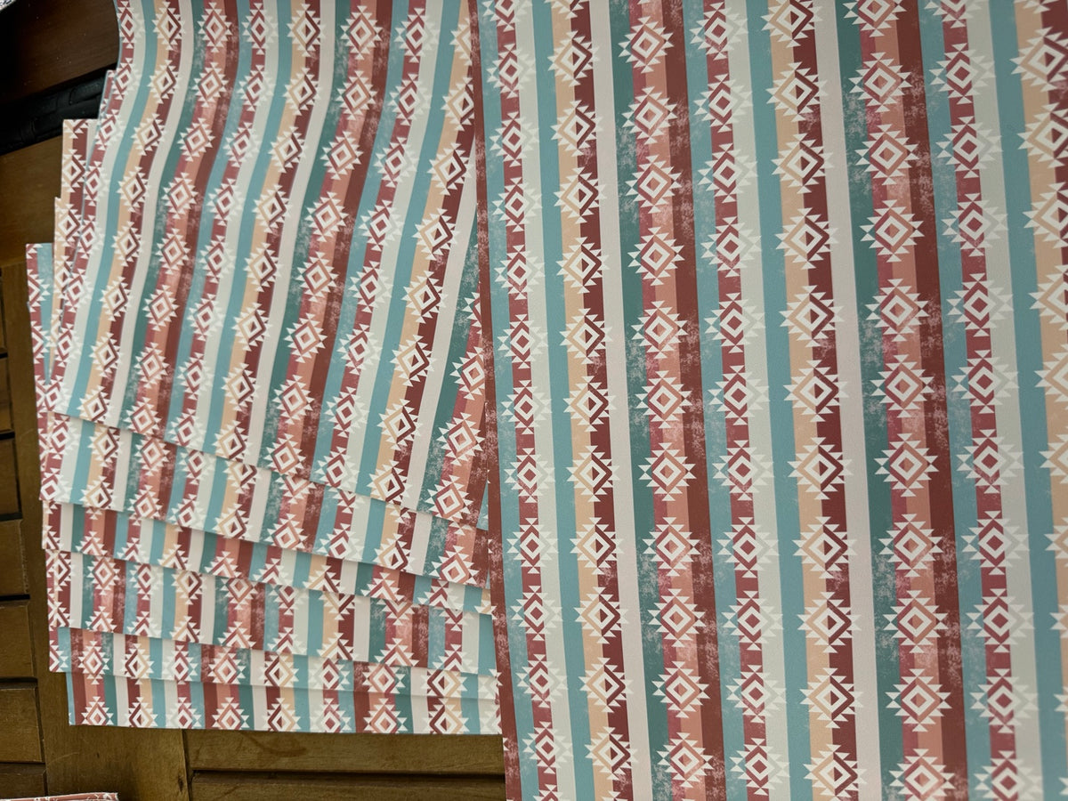 Desert Sunset faux leather sheets with turquoise, rust, beige and cream geometric stripes