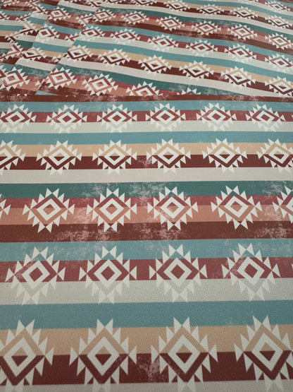 Desert Sunset faux leather sheets with turquoise, rust, beige and cream geometric stripes