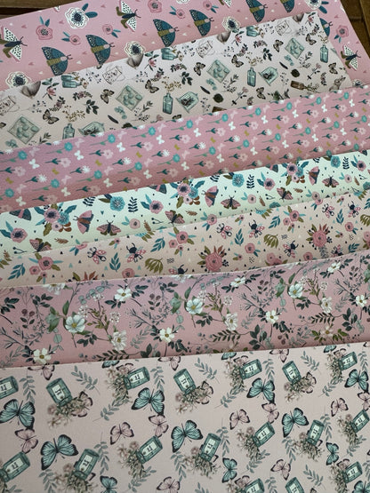 Flutter and Bloom faux leather bundle with pastel butterflies, moths, florals and botanical bottles