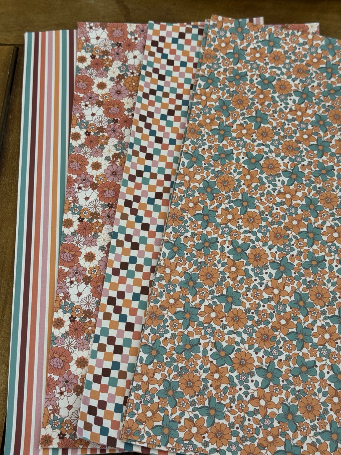 Retro Harvest faux leather bundle with teal, mustard, rust and mauve florals, checks and stripes