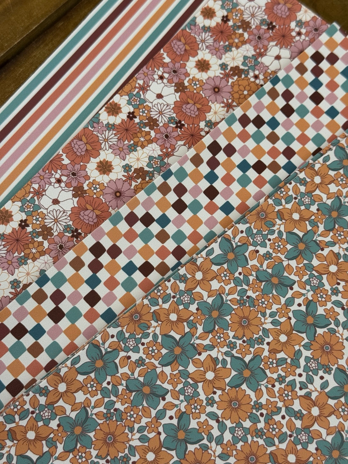 Retro Harvest faux leather bundle with teal, mustard, rust and mauve florals, checks and stripes