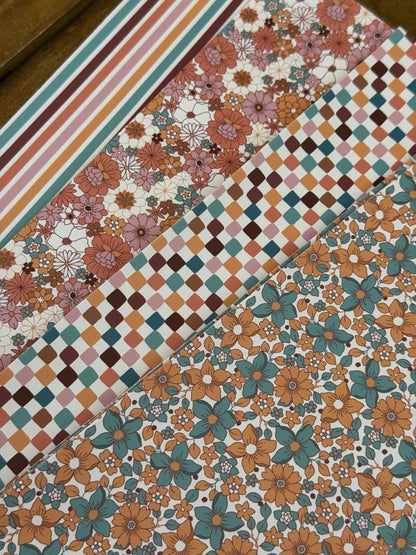 Retro Harvest faux leather bundle with teal, mustard, rust and mauve florals, checks and stripes