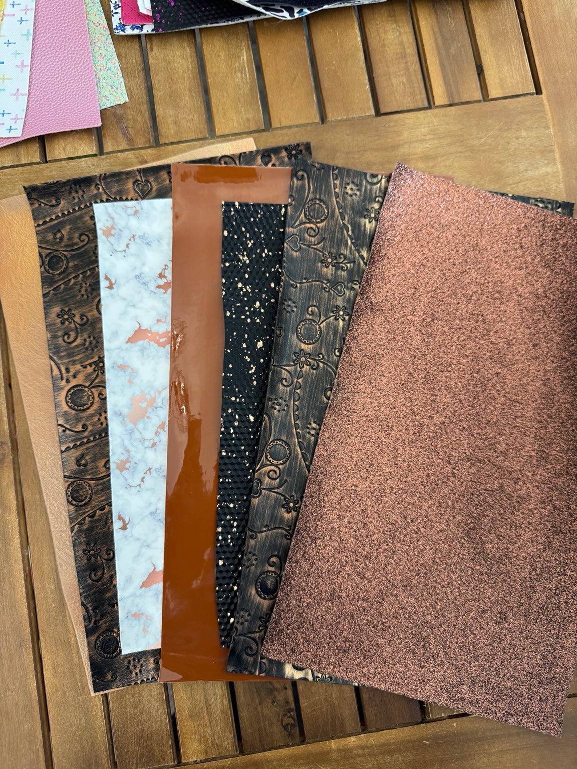 Copper Canyon faux leather bundle with copper shimmer, rustic embossed patterns, marble print and black gold-flecked texture
