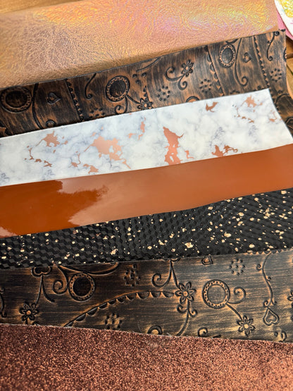 Copper Canyon faux leather bundle with copper shimmer, rustic embossed patterns, marble print and black gold-flecked texture